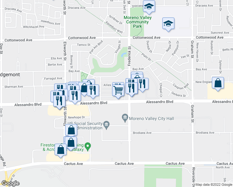 map of restaurants, bars, coffee shops, grocery stores, and more near 22933 Adrienne Avenue in Moreno Valley