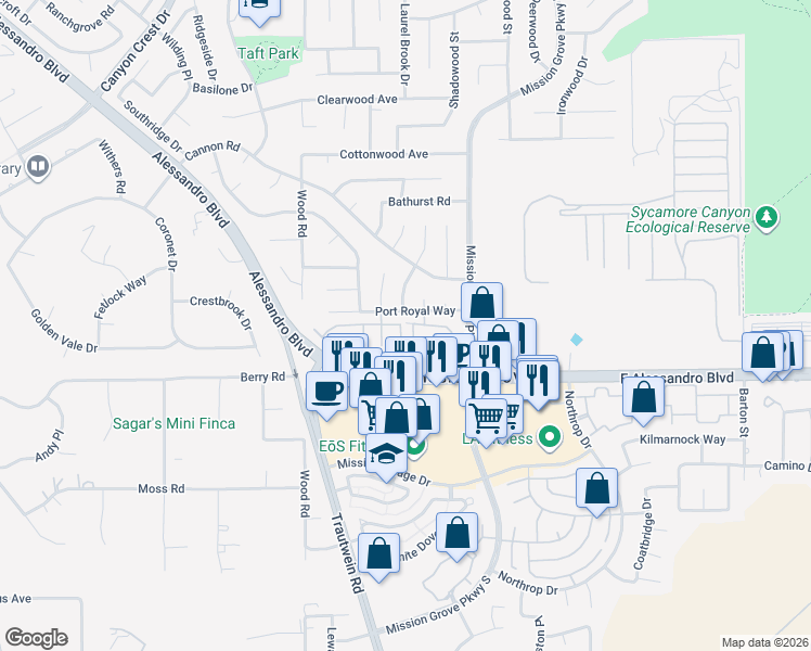 map of restaurants, bars, coffee shops, grocery stores, and more near 7328 Barnstable Place in Riverside