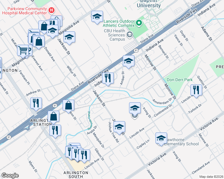 map of restaurants, bars, coffee shops, grocery stores, and more near 8960 Haskell Street in Riverside