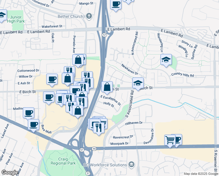 map of restaurants, bars, coffee shops, grocery stores, and more near in Brea