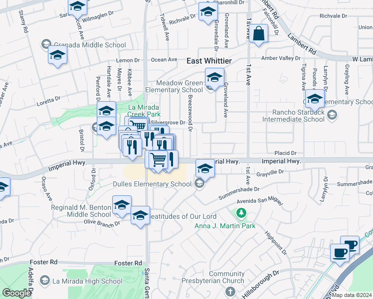 map of restaurants, bars, coffee shops, grocery stores, and more near 12416 Clearglen Avenue in Whittier