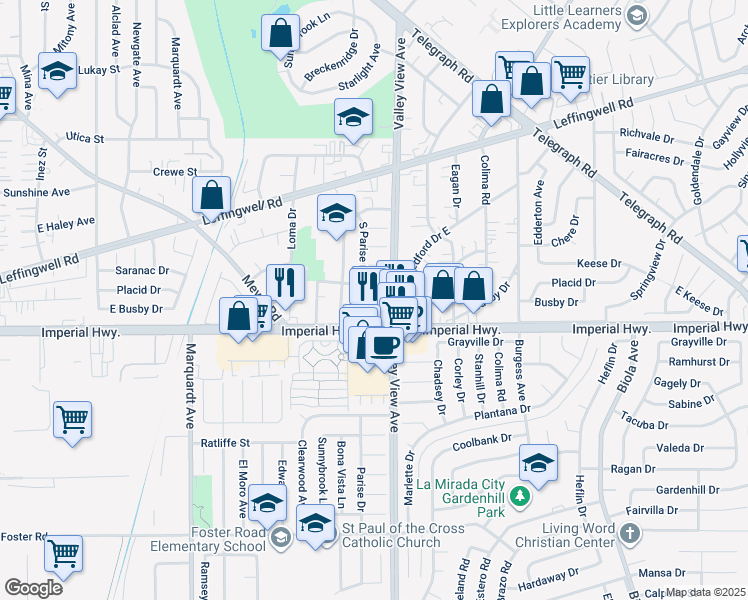 map of restaurants, bars, coffee shops, grocery stores, and more near 14125 East Busby Drive in Whittier