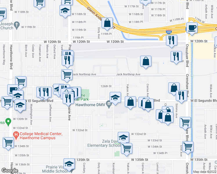 map of restaurants, bars, coffee shops, grocery stores, and more near 12606 Fonthill Avenue in Hawthorne