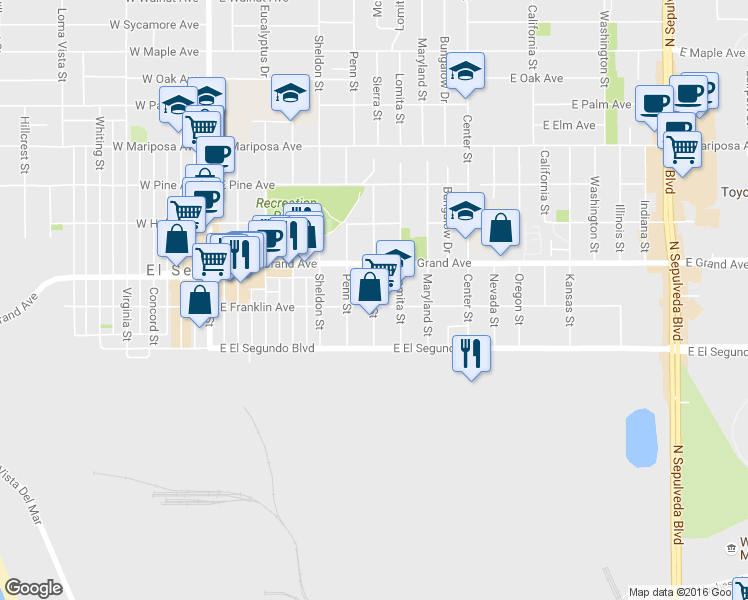 map of restaurants, bars, coffee shops, grocery stores, and more near 735 East Franklin Avenue in El Segundo