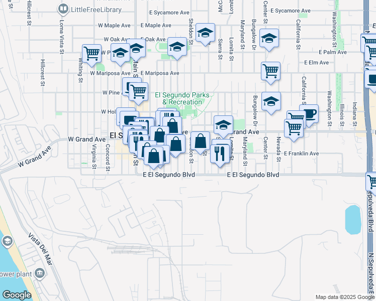 map of restaurants, bars, coffee shops, grocery stores, and more near 427 East Franklin Avenue in El Segundo
