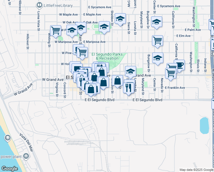 map of restaurants, bars, coffee shops, grocery stores, and more near 427 East Franklin Avenue in El Segundo