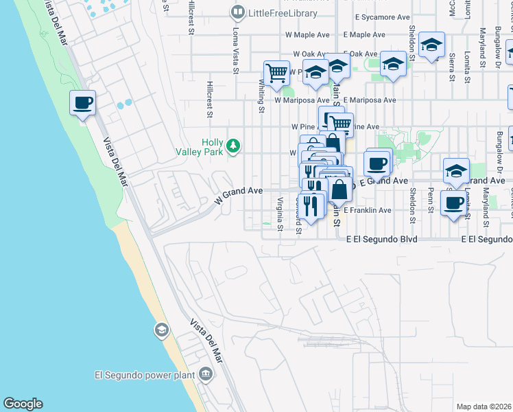 map of restaurants, bars, coffee shops, grocery stores, and more near 202 Whiting Street in El Segundo