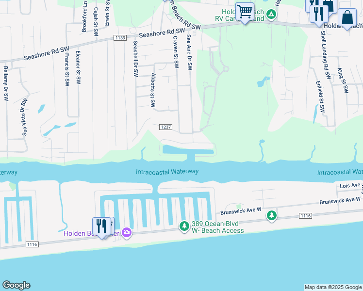 map of restaurants, bars, coffee shops, grocery stores, and more near 1923 W Sea Aire Canal Southwest in Supply