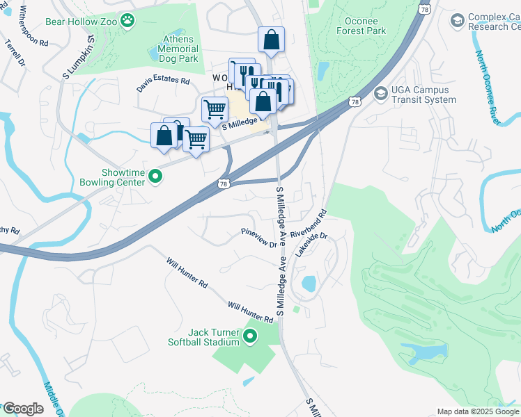 map of restaurants, bars, coffee shops, grocery stores, and more near 106 South Hampton Pointe in Athens