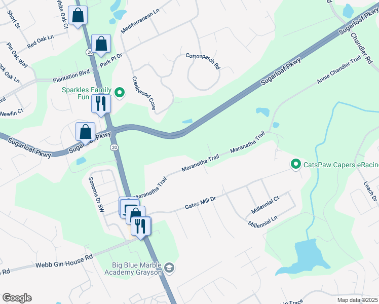map of restaurants, bars, coffee shops, grocery stores, and more near 140 Maranatha Trail in Lawrenceville