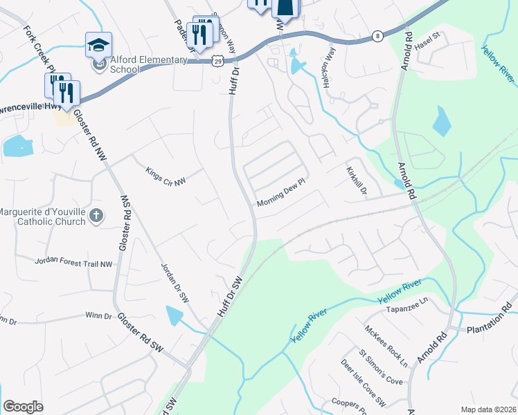 map of restaurants, bars, coffee shops, grocery stores, and more near 2492 Morning Dew Place in Lawrenceville