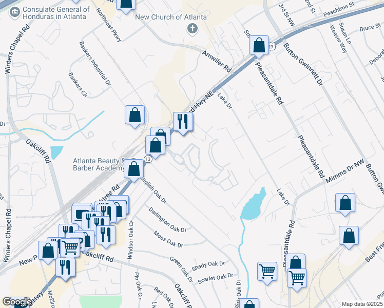 map of restaurants, bars, coffee shops, grocery stores, and more near 7073 Elmwood Ridge Court in Atlanta