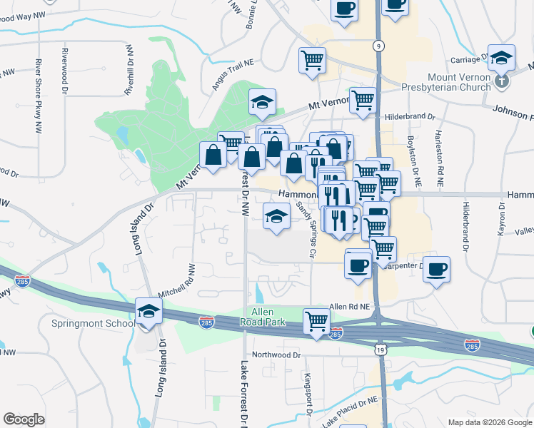 map of restaurants, bars, coffee shops, grocery stores, and more near 90 Forrest Place Northeast in Atlanta