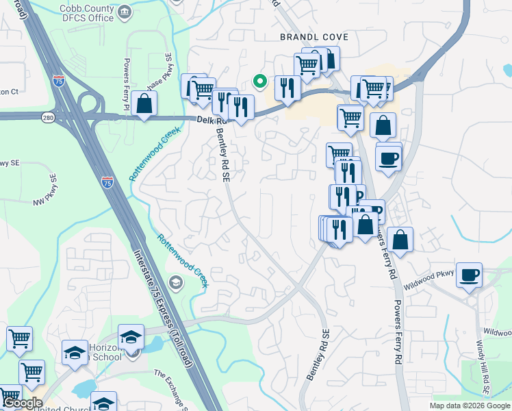 map of restaurants, bars, coffee shops, grocery stores, and more near 1470 Bentley Lane Southeast in Marietta