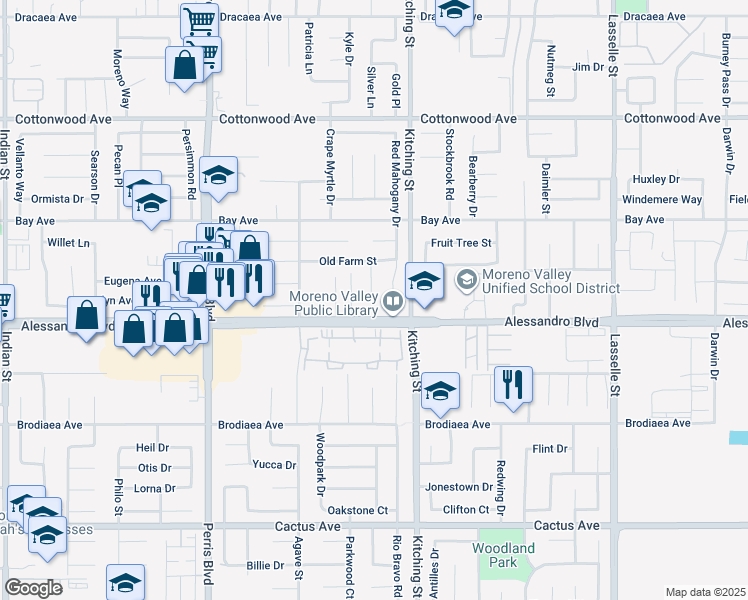 map of restaurants, bars, coffee shops, grocery stores, and more near 13970 Elmwood Court in Moreno Valley
