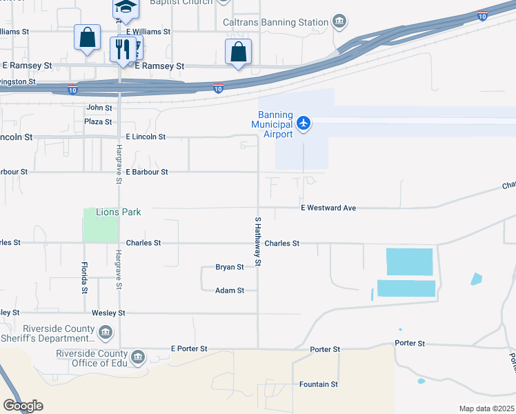 map of restaurants, bars, coffee shops, grocery stores, and more near East Westward Avenue in Banning