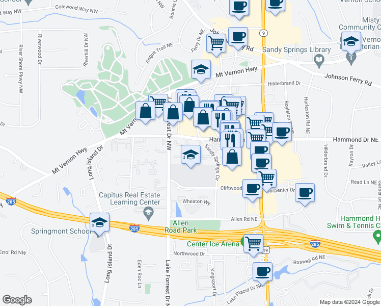map of restaurants, bars, coffee shops, grocery stores, and more near 90 Forrest Place Northeast in Atlanta