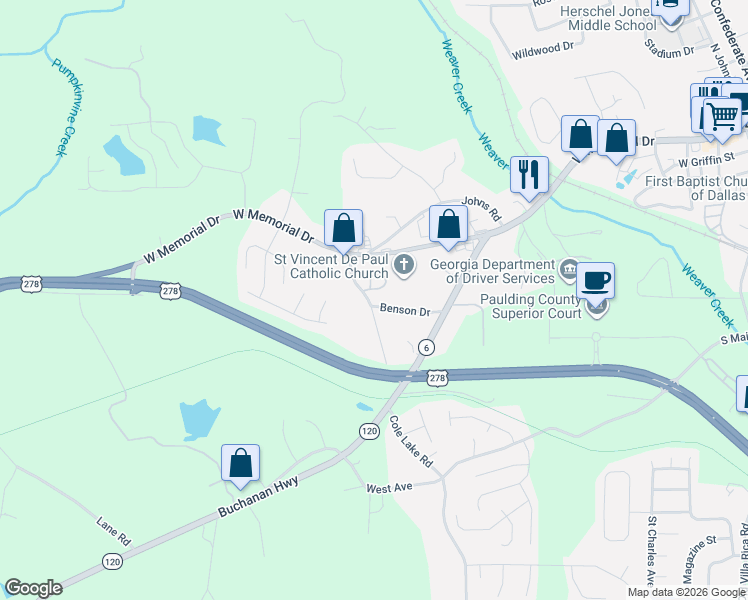map of restaurants, bars, coffee shops, grocery stores, and more near 166 Benson Drive in Dallas