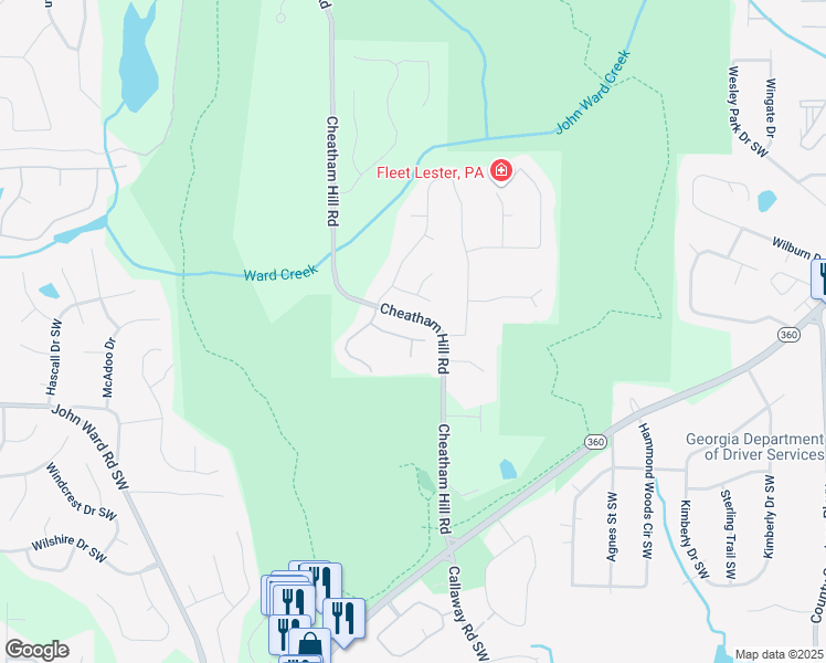 map of restaurants, bars, coffee shops, grocery stores, and more near 1622 Bunting Forest Court in Marietta