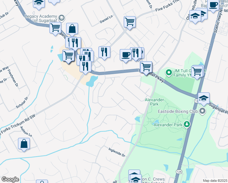map of restaurants, bars, coffee shops, grocery stores, and more near 1199 Thorncliff Court in Lawrenceville