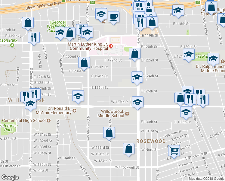 map of restaurants, bars, coffee shops, grocery stores, and more near 1700 East 126th Street in Compton