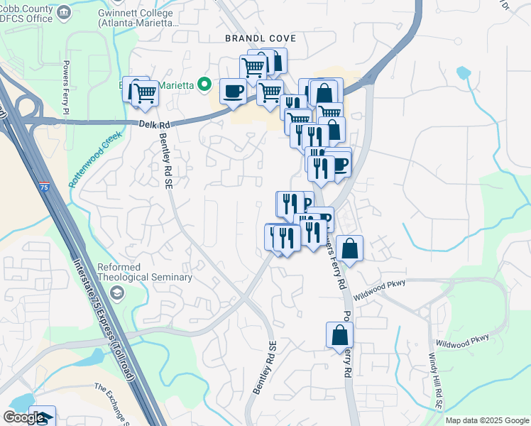 map of restaurants, bars, coffee shops, grocery stores, and more near 1375 Old Virginia Court Southeast in Marietta