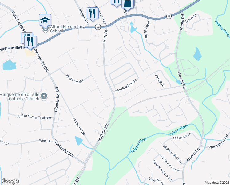 map of restaurants, bars, coffee shops, grocery stores, and more near 2492 Morning Dew Place in Lawrenceville