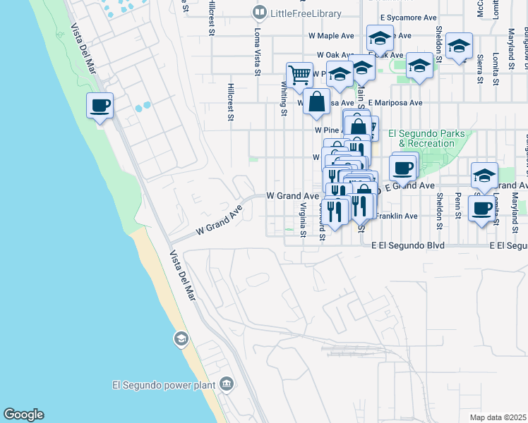map of restaurants, bars, coffee shops, grocery stores, and more near 205 Loma Vista Street in El Segundo
