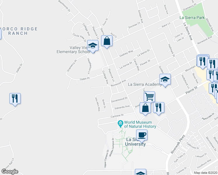 map of restaurants, bars, coffee shops, grocery stores, and more near 5094 College Avenue in Riverside
