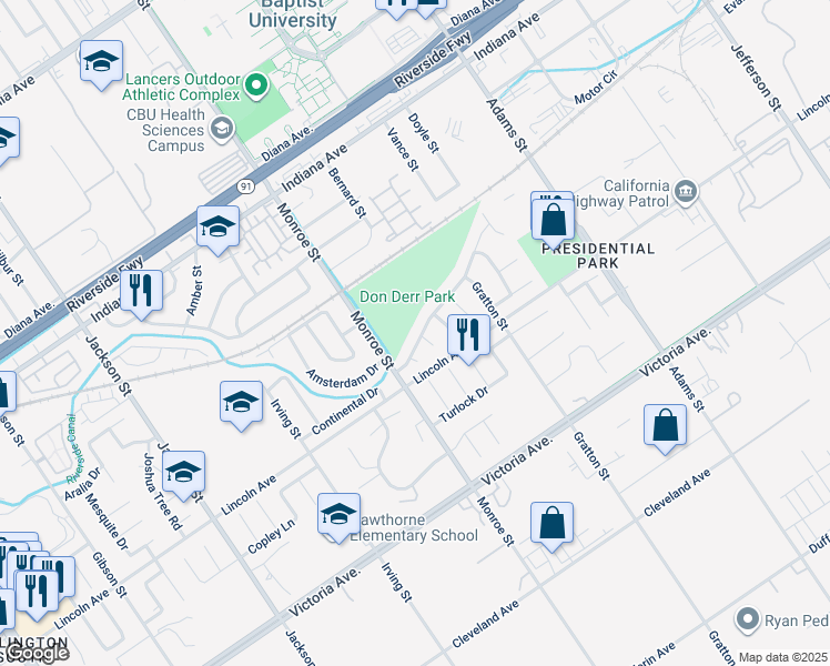 map of restaurants, bars, coffee shops, grocery stores, and more near 8641 Limestone Drive in Riverside