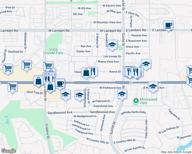 map of restaurants, bars, coffee shops, grocery stores, and more near 531 West Imperial Highway in La Habra