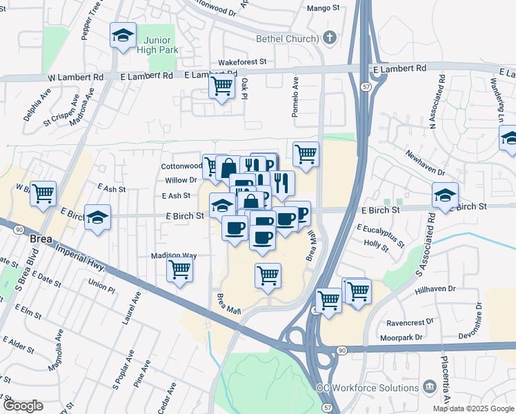 map of restaurants, bars, coffee shops, grocery stores, and more near 935 East Birch Street in Brea