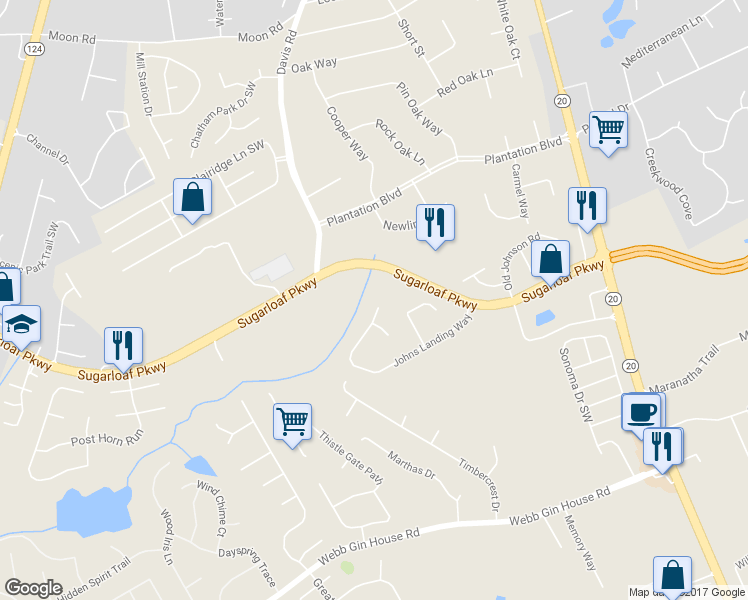 map of restaurants, bars, coffee shops, grocery stores, and more near 830 Johns Landing Way in Lawrenceville