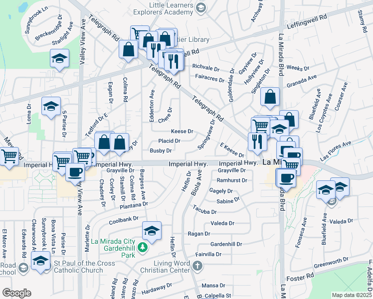 map of restaurants, bars, coffee shops, grocery stores, and more near 12327 Springview Drive in Whittier