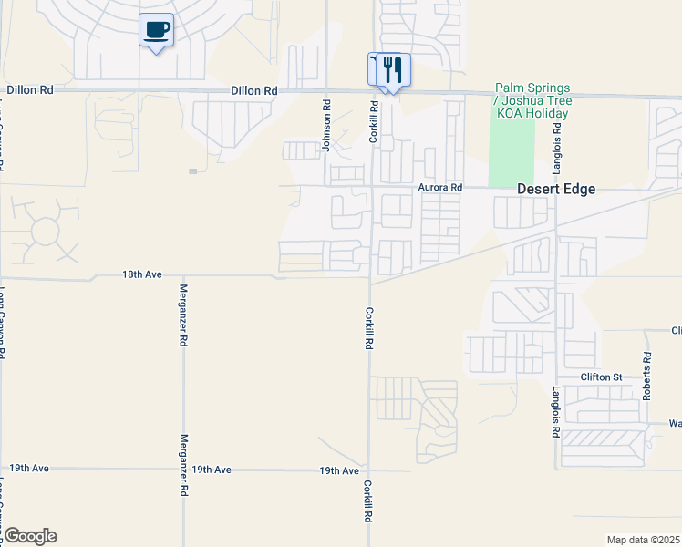 map of restaurants, bars, coffee shops, grocery stores, and more near 17989 Corkill Road in Desert Hot Springs