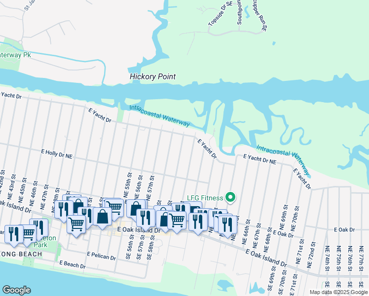 map of restaurants, bars, coffee shops, grocery stores, and more near 330 Northeast 59th Street in Oak Island