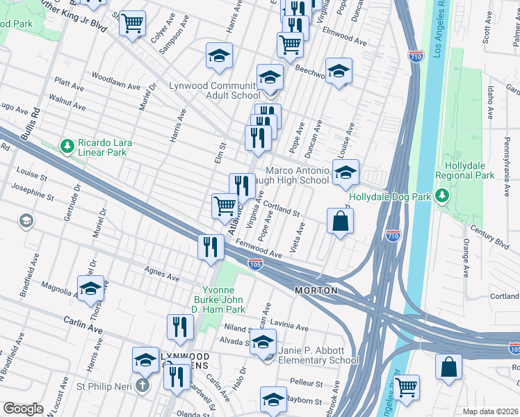 map of restaurants, bars, coffee shops, grocery stores, and more near 11619 Virginia Avenue in Lynwood
