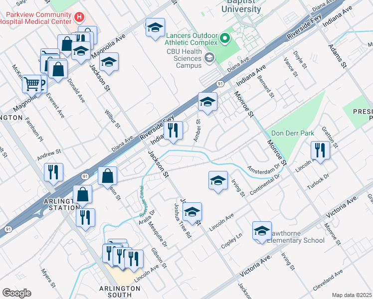 map of restaurants, bars, coffee shops, grocery stores, and more near 8960 Haskell Street in Riverside