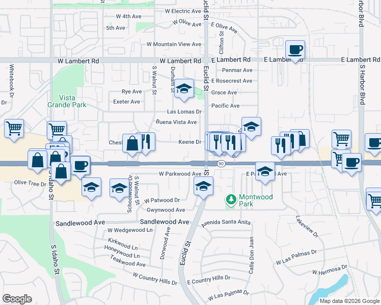 map of restaurants, bars, coffee shops, grocery stores, and more near in La Habra