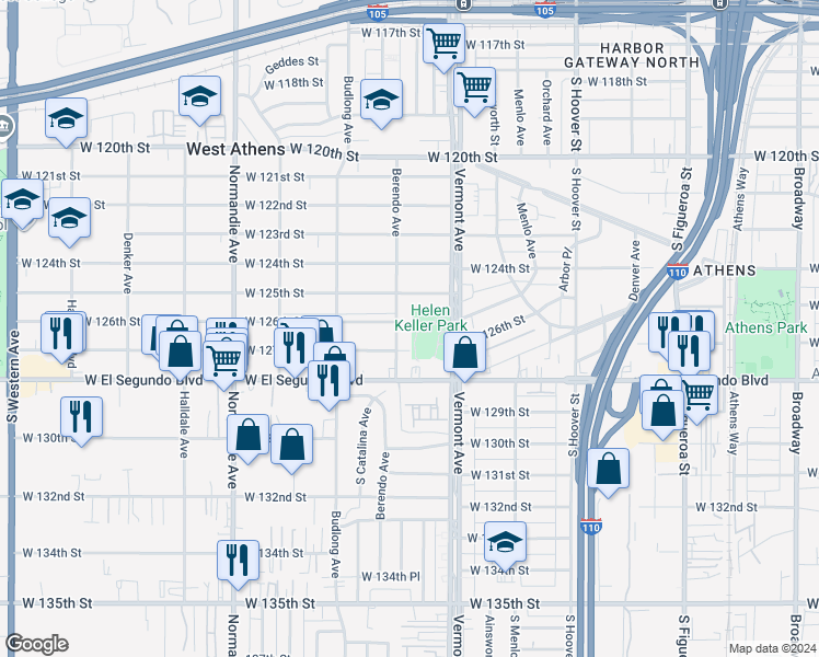 map of restaurants, bars, coffee shops, grocery stores, and more near 1046 West 126th Street in Los Angeles