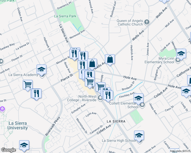map of restaurants, bars, coffee shops, grocery stores, and more near 11049 Whitford Avenue in Riverside