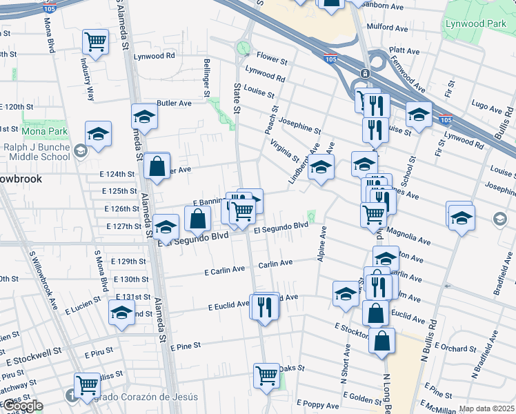 map of restaurants, bars, coffee shops, grocery stores, and more near 12044 Peach Street in Lynwood