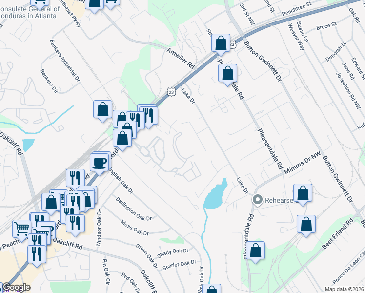 map of restaurants, bars, coffee shops, grocery stores, and more near 2300 Global Forum Boulevard in Atlanta