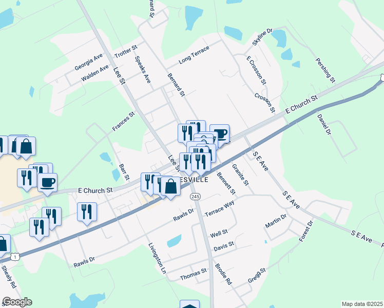 map of restaurants, bars, coffee shops, grocery stores, and more near 420 East Church Street in Batesburg-Leesville