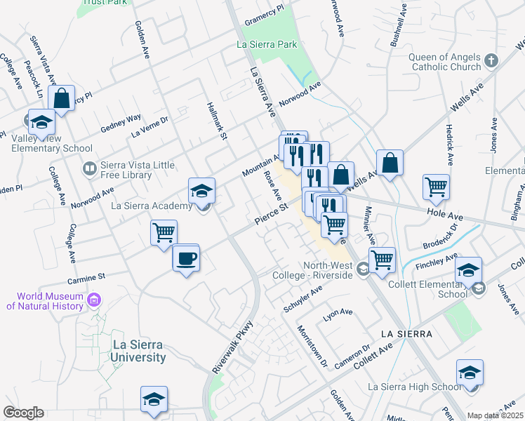 map of restaurants, bars, coffee shops, grocery stores, and more near 11209 Pierce Street in Riverside