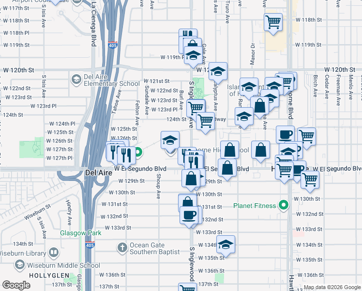 map of restaurants, bars, coffee shops, grocery stores, and more near 10 South Inglewood Avenue in Hawthorne