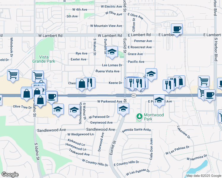 map of restaurants, bars, coffee shops, grocery stores, and more near 287 Vista Drive in La Habra