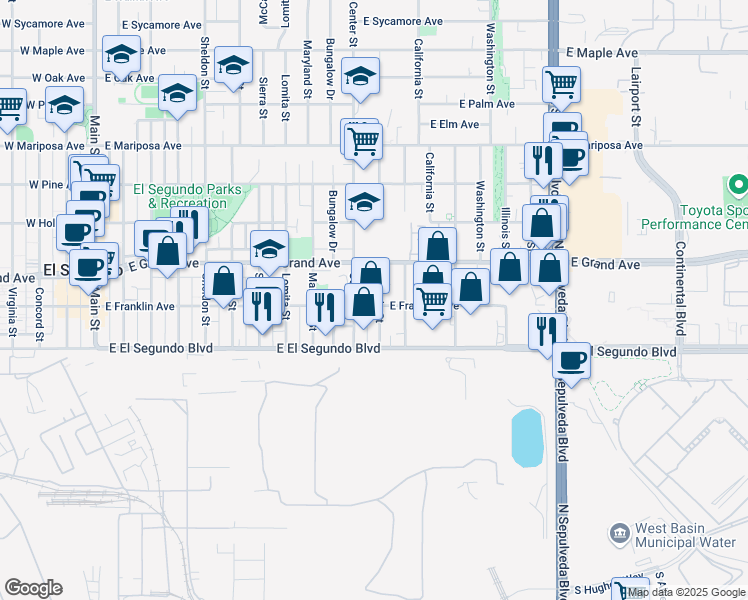 map of restaurants, bars, coffee shops, grocery stores, and more near 201 Nevada Street in El Segundo