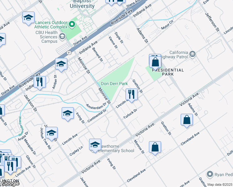 map of restaurants, bars, coffee shops, grocery stores, and more near 8641 Limestone Drive in Riverside