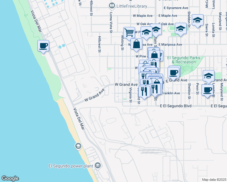 map of restaurants, bars, coffee shops, grocery stores, and more near 205 Loma Vista Street in El Segundo